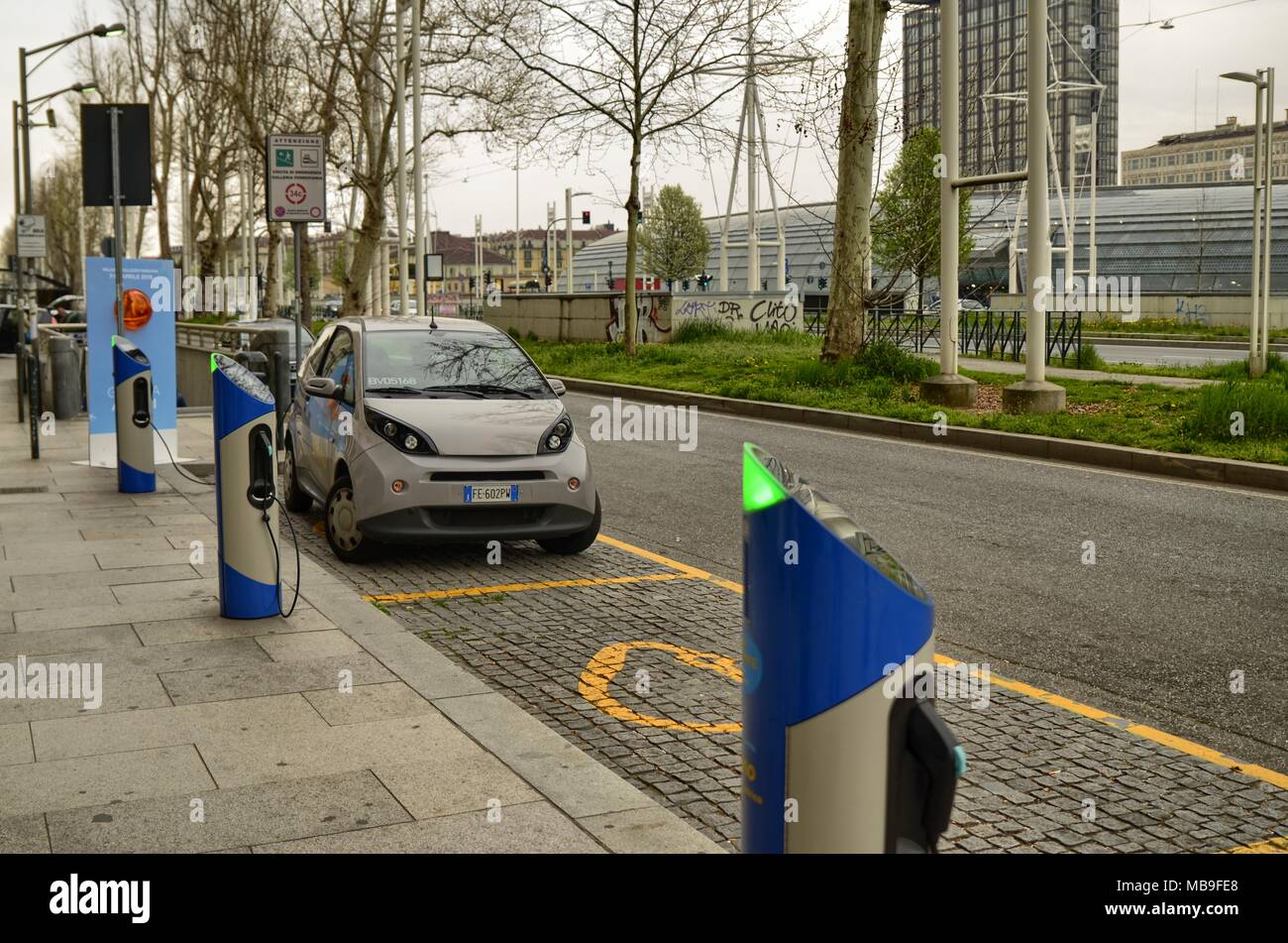 Turin, Italy, Piedmont April 08 2018. Electric car rental, parking with fast charging points. Stock Photo