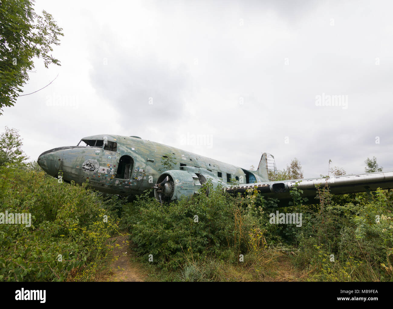 Shot down Douglas C-47b Dakota at abandoned military airfield of the former Yugoslavian air force in Croatia Stock Photo