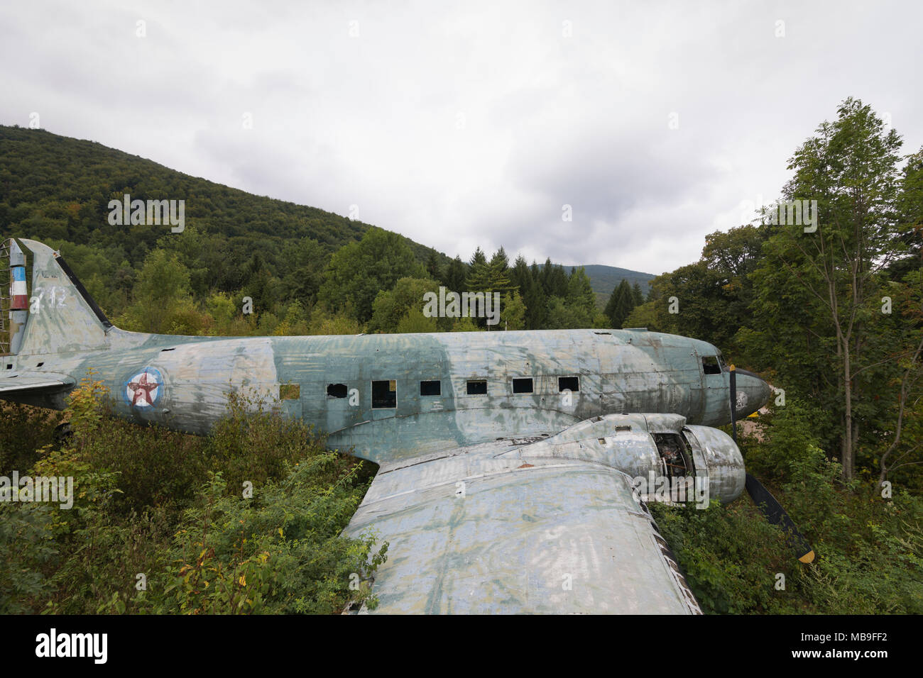 Shot down Douglas C-47b Dakota at abandoned military airfield of the former Yugoslavian air force in Croatia Stock Photo