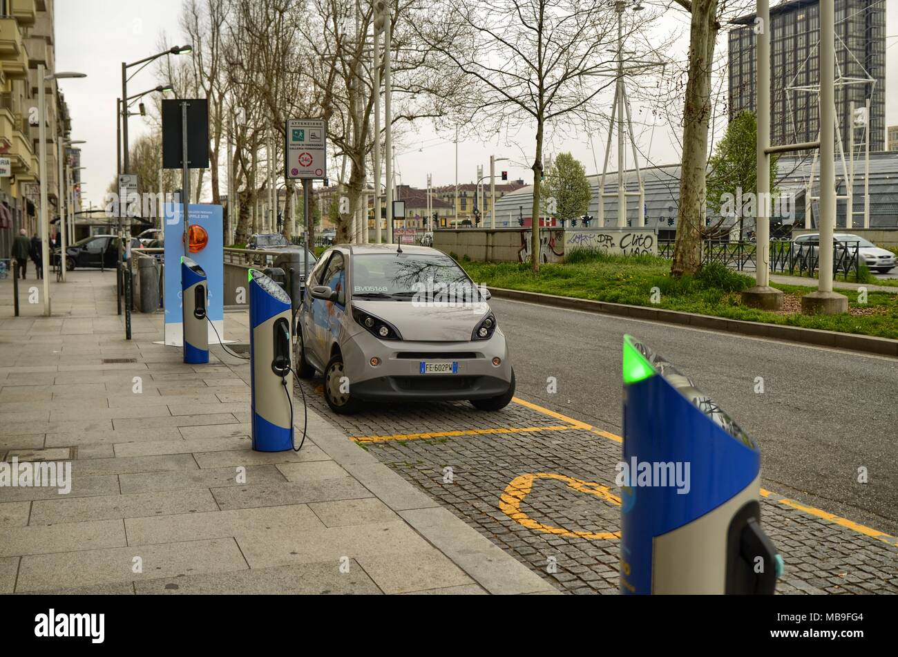 Turin, Italy, Piedmont April 08 2018. Electric car rental, parking with fast charging points. Stock Photo