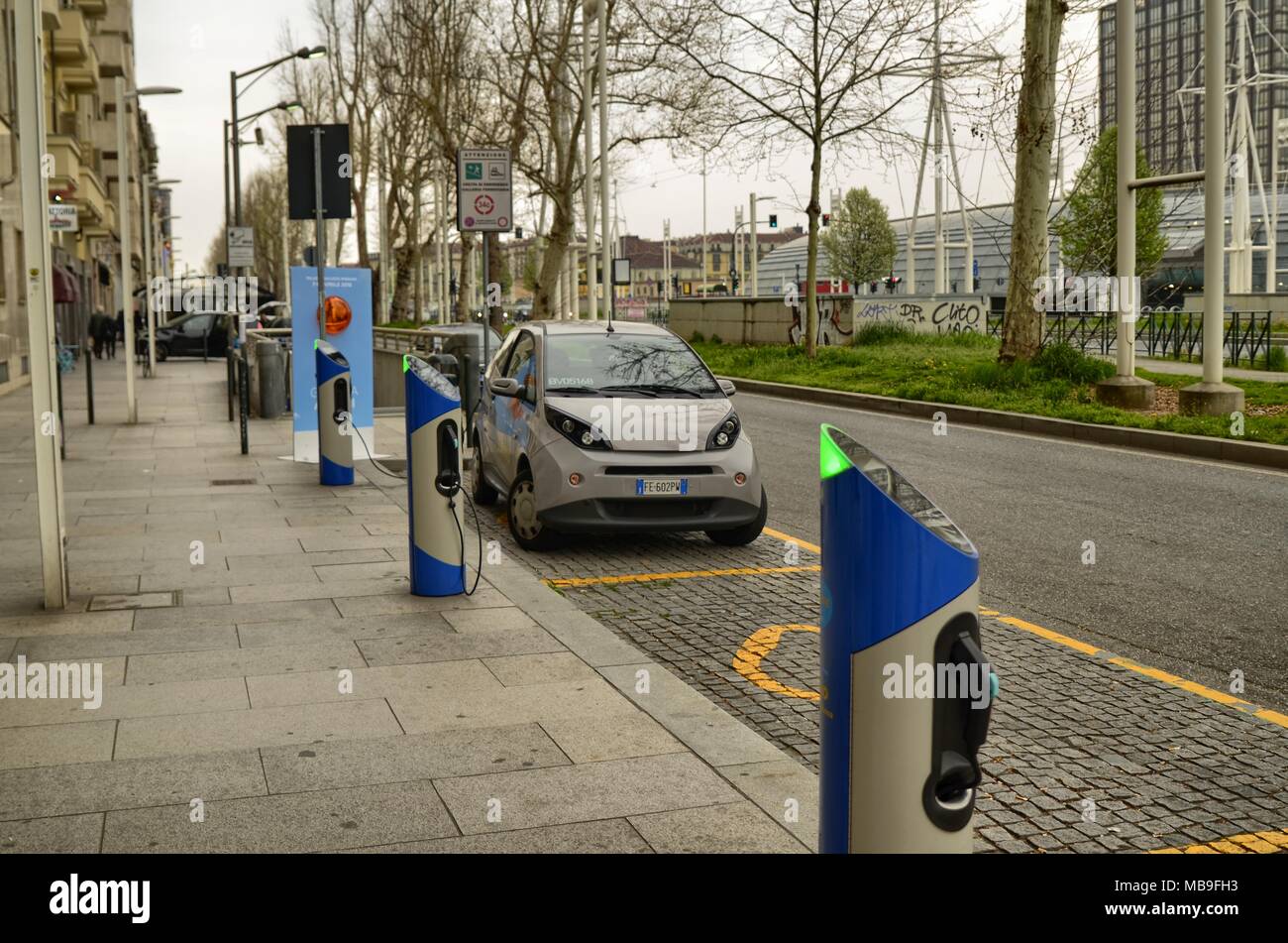 Turin, Italy, Piedmont April 08 2018. Electric car rental, parking with fast charging points. Stock Photo