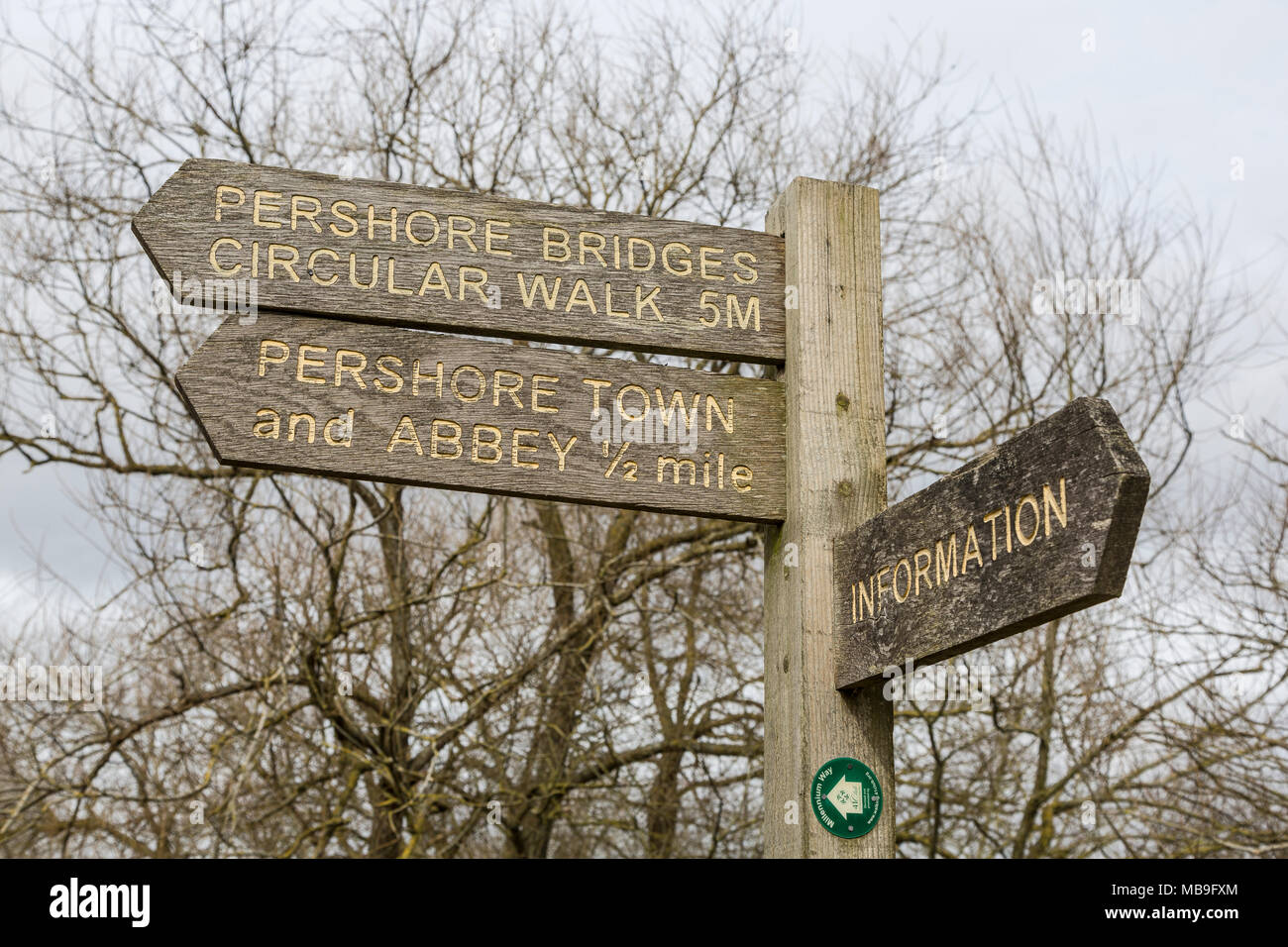 Pershore, Worcestershire, England, UK, signpost on the Millennium Way, pointing out various walks and attractions Stock Photo