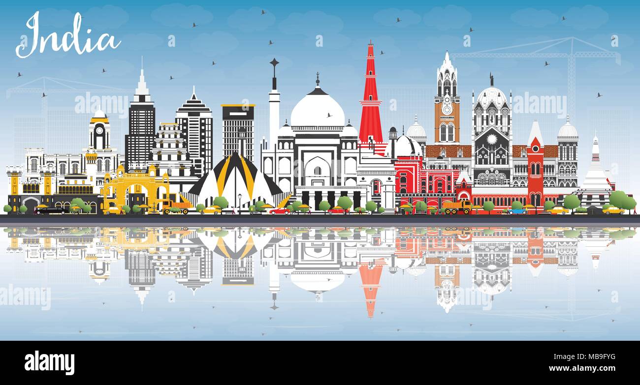 India City Skyline with Color Buildings, Blue Sky and Reflections. Delhi. Mumbai, Bangalore, Chennai. Vector Illustration. Business Travel and Tourism Stock Vector