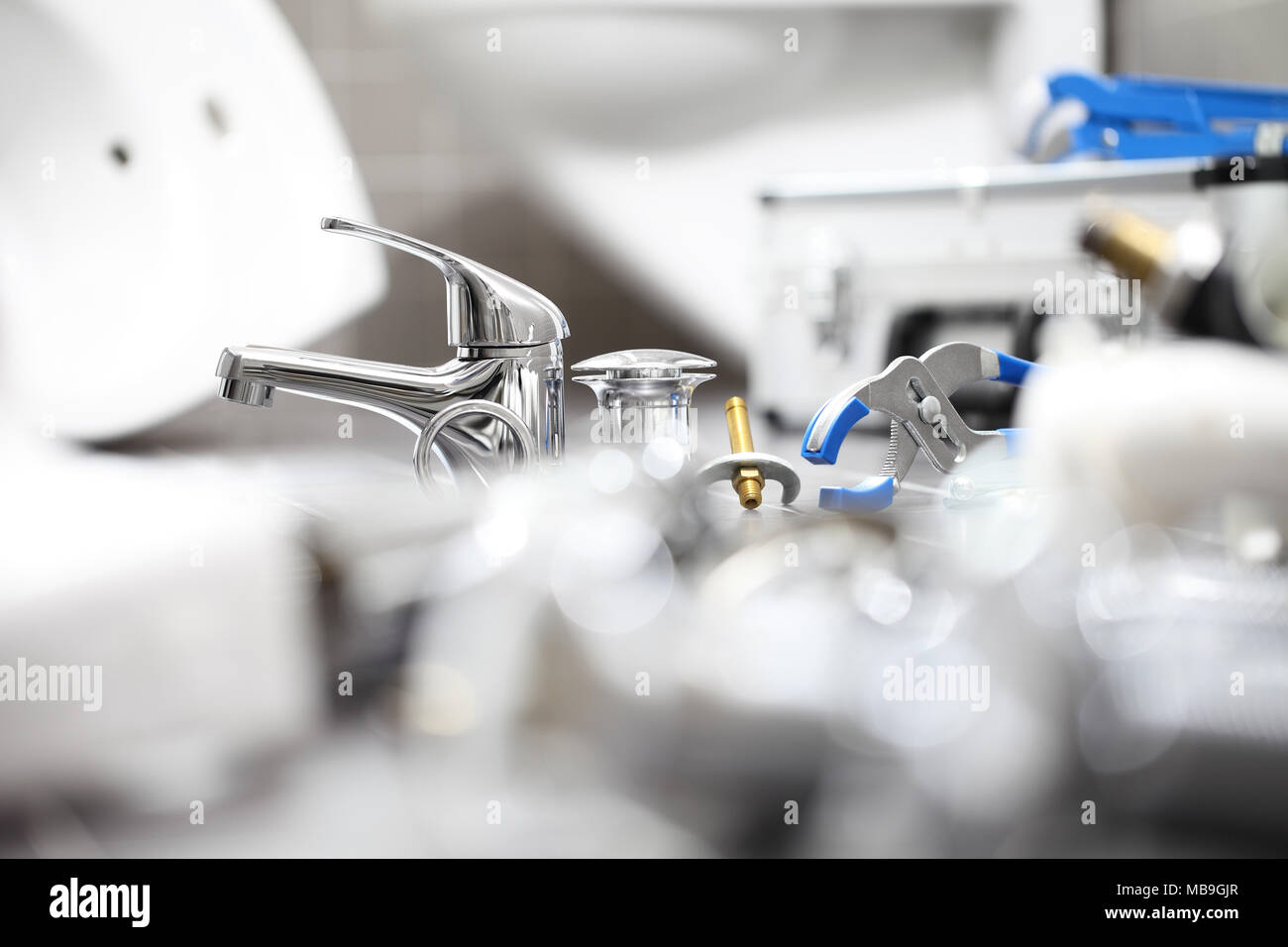 Faucet And Plumber Tools In A Bathroom Plumbing Repair Service