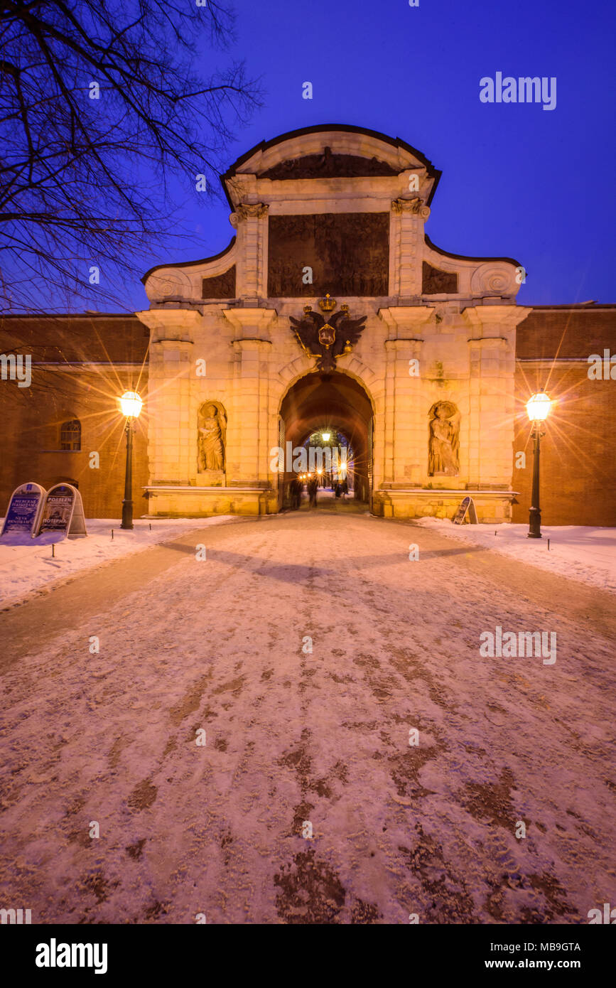 St. Petersburg, Main Entrance of Peter and Paul Fortress at night Stock Photo