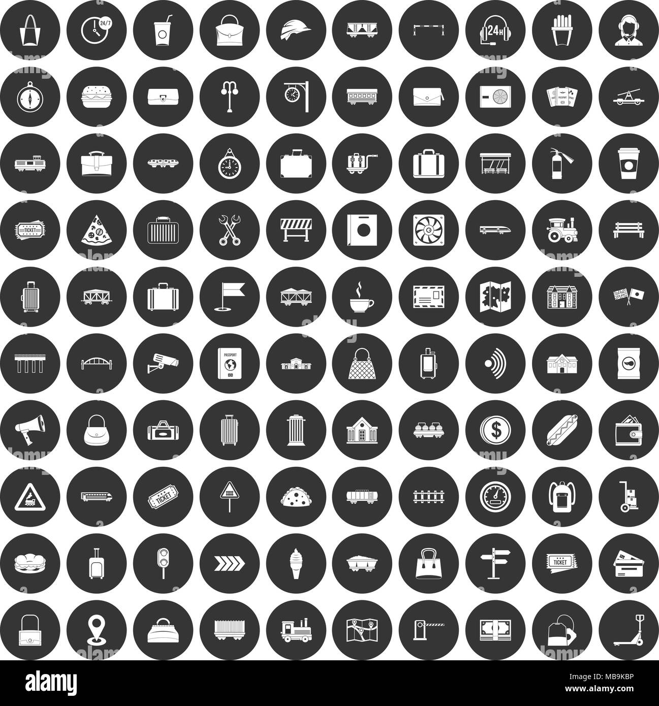 100 railway icons set black circle Stock Vector