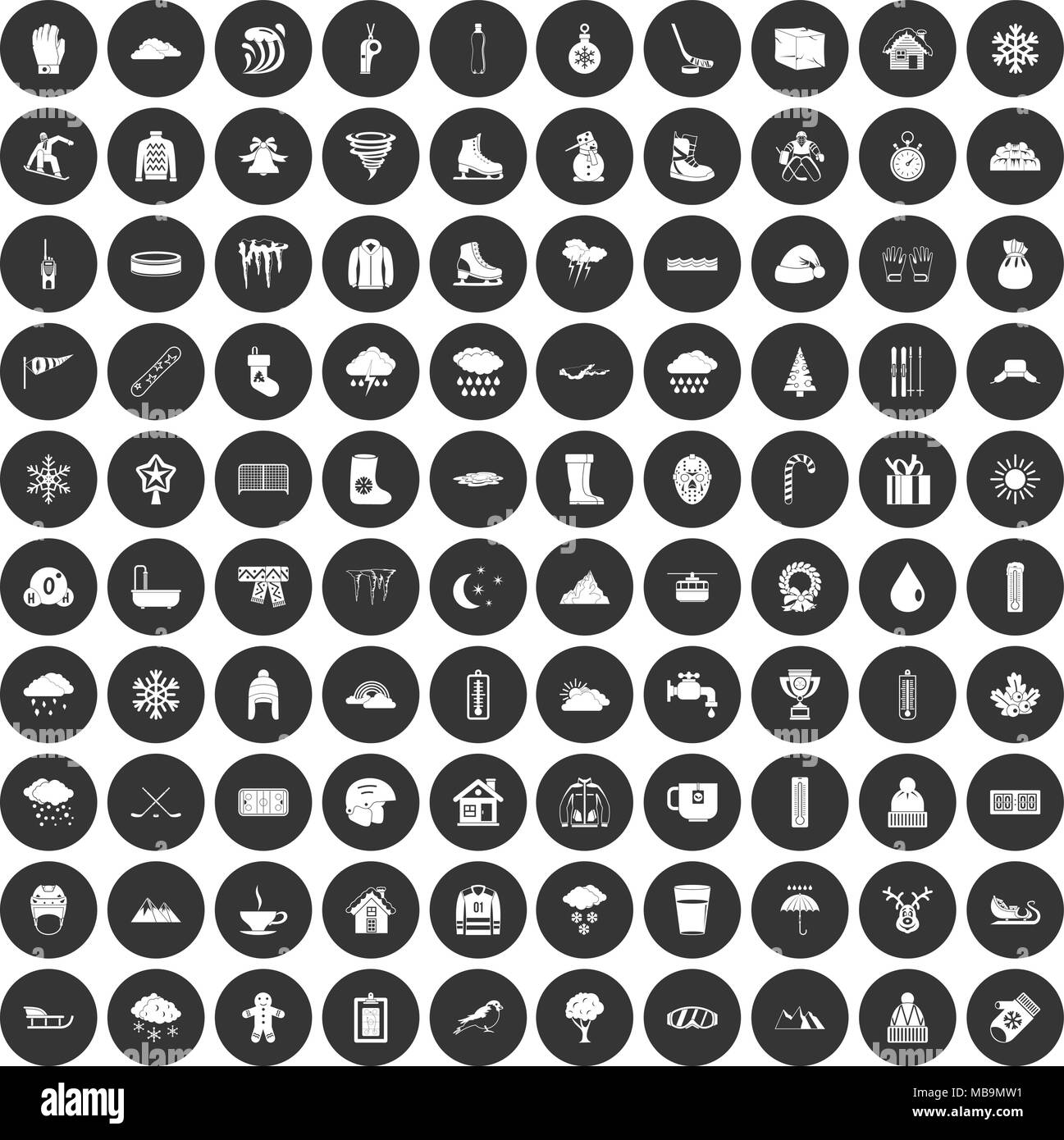 100 snow icons set black circle Stock Vector