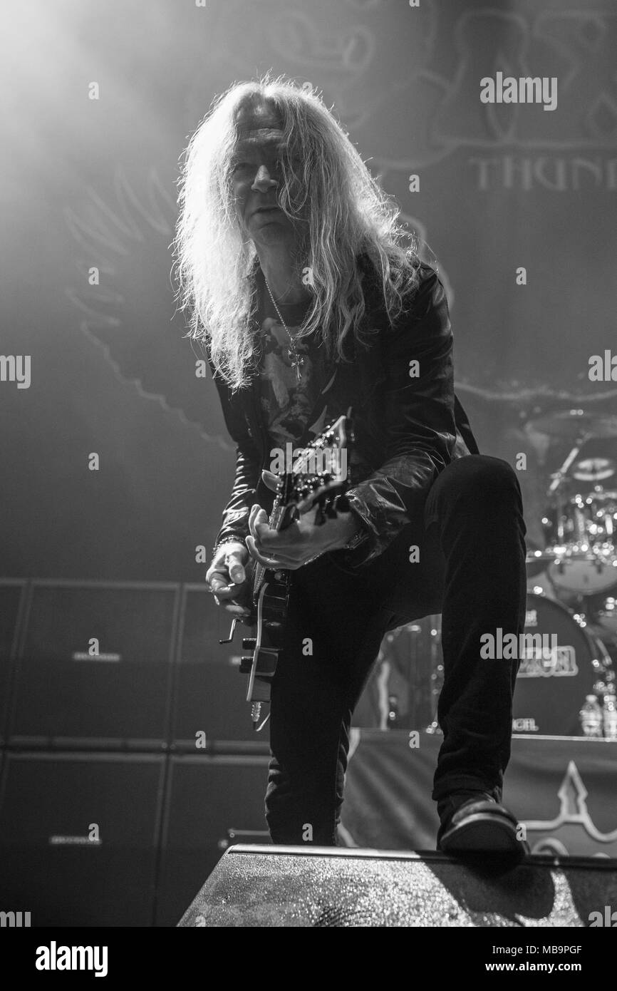 Hammond, Indiana, USA. 6th Apr, 2018. DOUG SCARRATT of Saxon performs