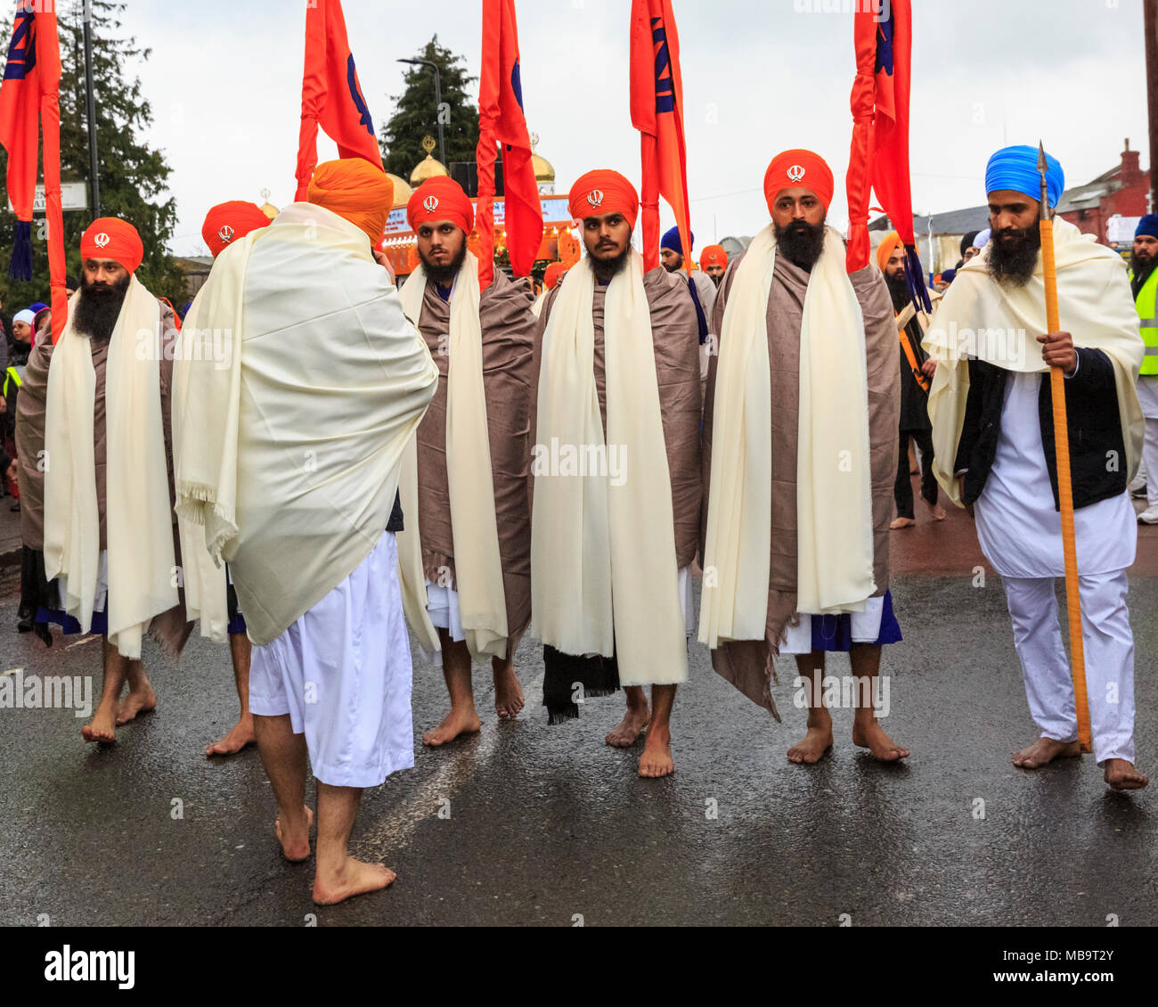 Southall, London, 8th April 2018.The five Sikh men who represent the Panj Pyare (five beloved ones). Sikhs in London celebrate Vaisakhi, the birth of the Khalsa and the harvest festival with the annual Southall Vaisakhi procession Nagar Kirtan. from the Havelock Road Gurdwara to the the Park Avenue Gurdwara. Vaisakhi day itself will be on April 14th. Credit: Imageplotter News and Sports/Alamy Live News Stock Photo