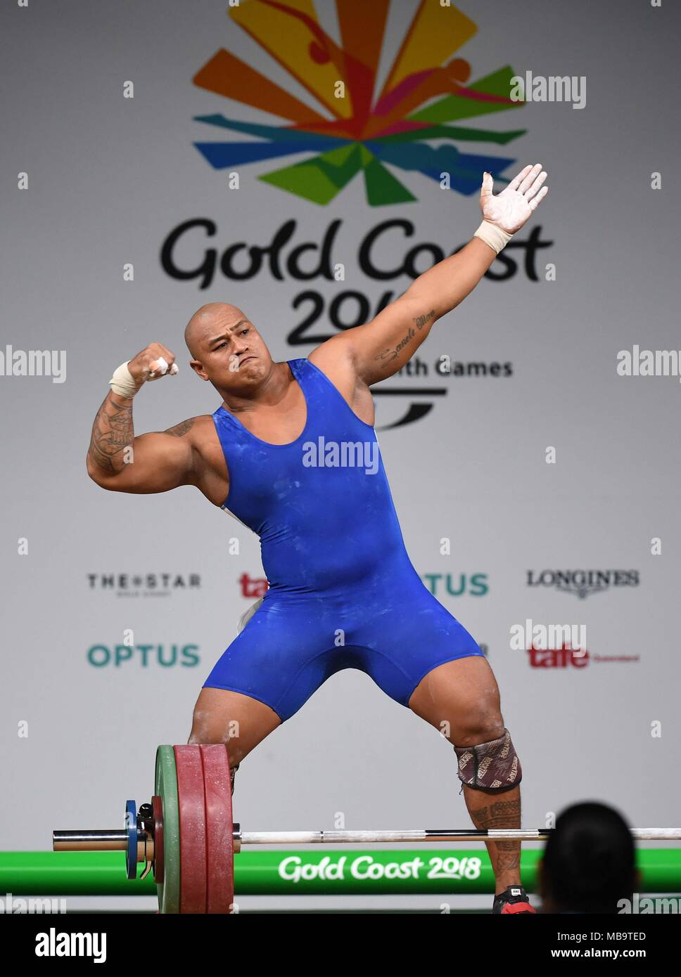 Queensland, Australia. 9th Apr, 2018. Sanele Mao (SAM) does a Usain Bolt pose. Mens 105kg. Weightlifting. XXI Commonwealth games.Optus Aquatic centre. Gold Coast 2018. Queensland. Australia