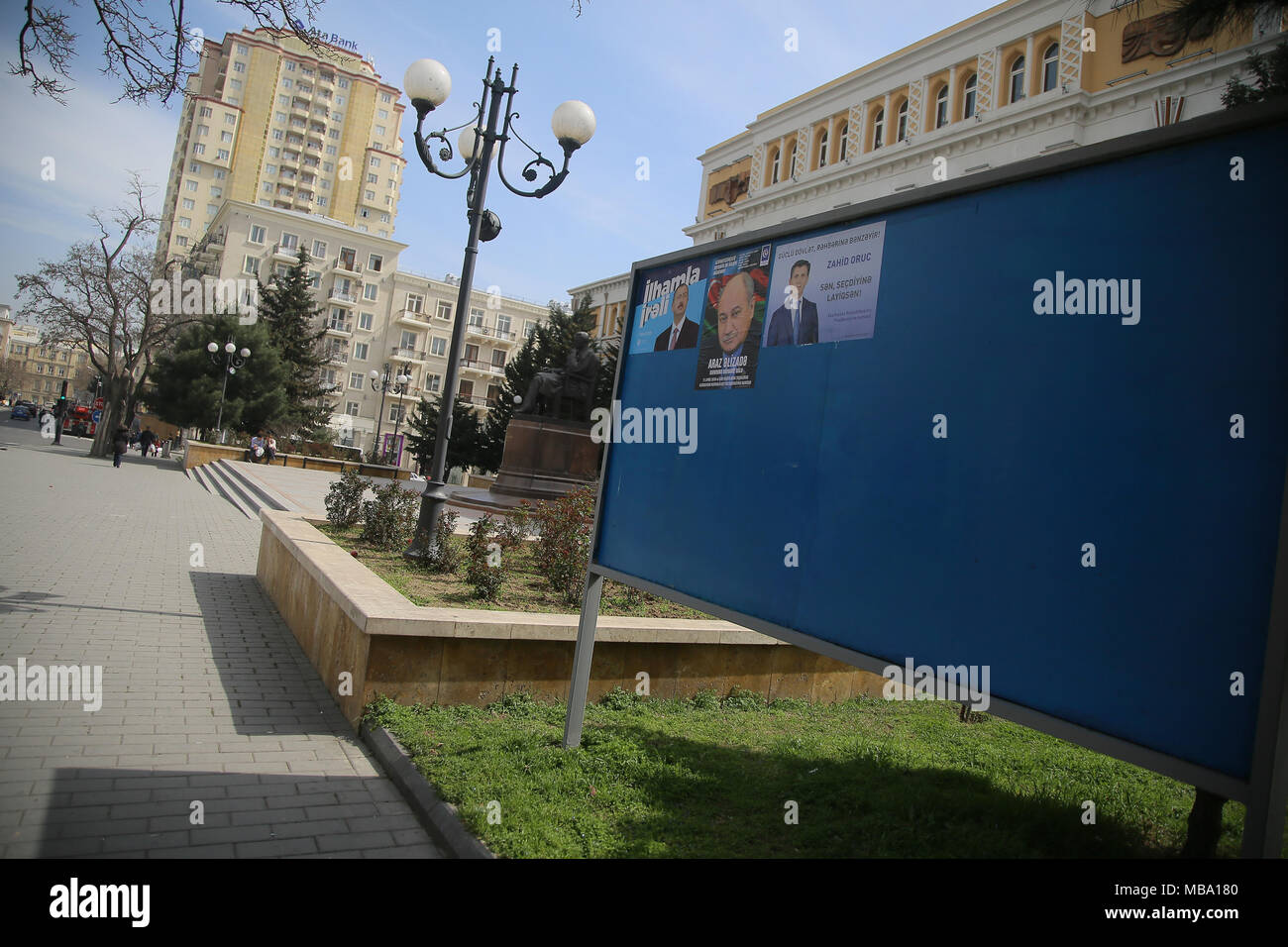 Election campaign posters promoting incumbent president Ilham Aliyev, presidential and other presidential candidates; Azerbaijan is to hold a presidential election 11 April 2018. Credit: Aziz Karimov/Alamy Live News Stock Photo