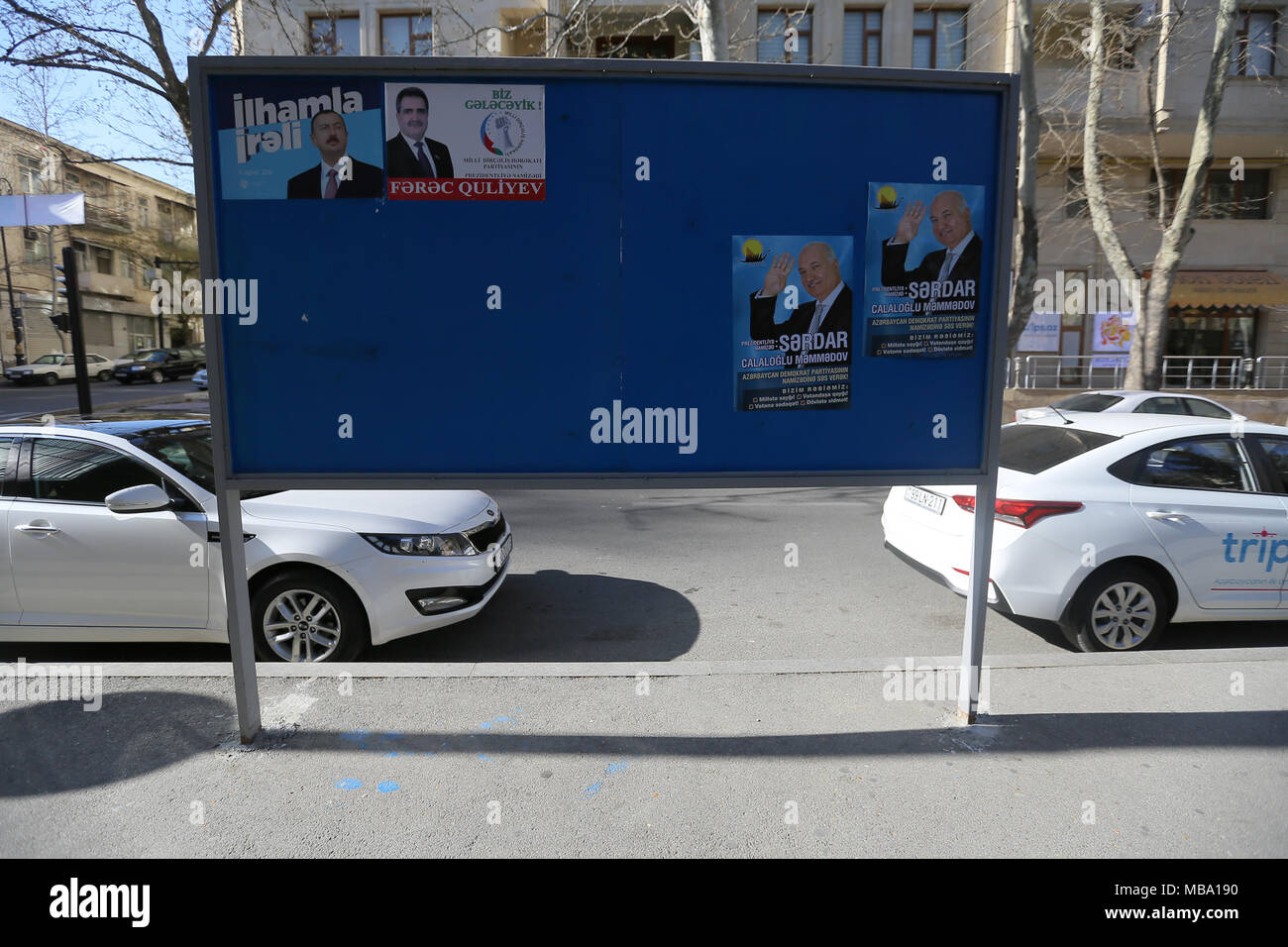 Election campaign posters promoting incumbent president Ilham Aliyev, presidential and other presidential candidates; Azerbaijan is to hold a presidential election 11 April 2018. Credit: Aziz Karimov/Alamy Live News Stock Photo