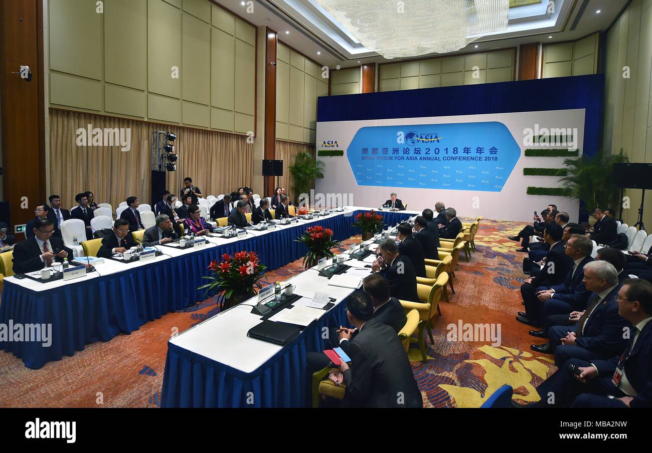 (180409) -- BOAO, April 9, 2018 (Xinhua) -- The meeting of the newly elected Board of Directors of Boao Forum for Asia (BFA) is held in Boao, south China's Hainan Province, April 9, 2018. Former United Nations (UN) Secretary-General Ban Ki-moon Monday was elected chairman of BFA, replacing former Japanese Prime Minister Yasuo Fukuda. Chinese Vice Foreign Minister Li Baodong was appointed BFA secretary-general, said a statement released after the meeting. Former central bank governor Zhou Xiaochuan was designated as China's chief representative to BFA. According to the BFA Charter, Zhou is ex-o Stock Photo