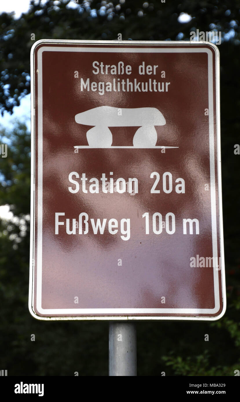 A sign for the largest megalithic tomb of the Hümmling area, between Lurup and Werlte in the German state of Lower Saxony, on 09.08.2016. The Hümmling landscape was declared the 14th Naturpark (lit. nature park) on 10.08.2016. | usage worldwide Stock Photo