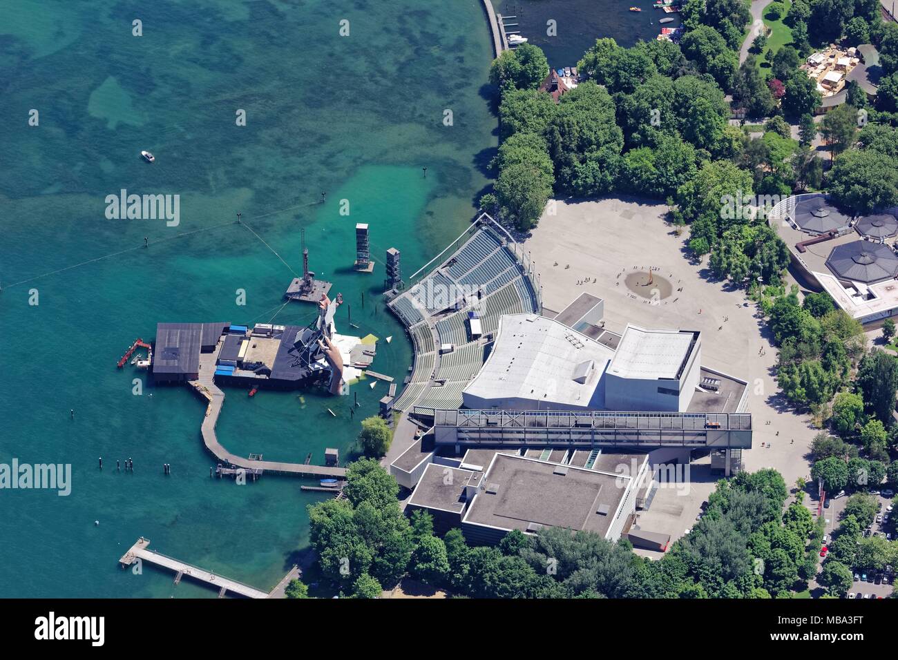 Bregenz, Austria. 11th June, 2017. Bregenz 11.06.2017 The Festspielhaus (lit. festival hall) and Seebühne (lit. sea stage) of the Festspiele of Bregenz am Bodensee in Vorarlberg in Austria. On the sea stage is the stage set for the opera Carmen with the giant hands, a few weeks before the premiere. // Construction of the building of the open-air theater in Bregenz in Vorarlberg, Austria. www.bregenzerfestspiele.com Credit: Oliver Betz - NO WIRE SERVICE - | usage worldwide/dpa/Alamy Live News Stock Photo