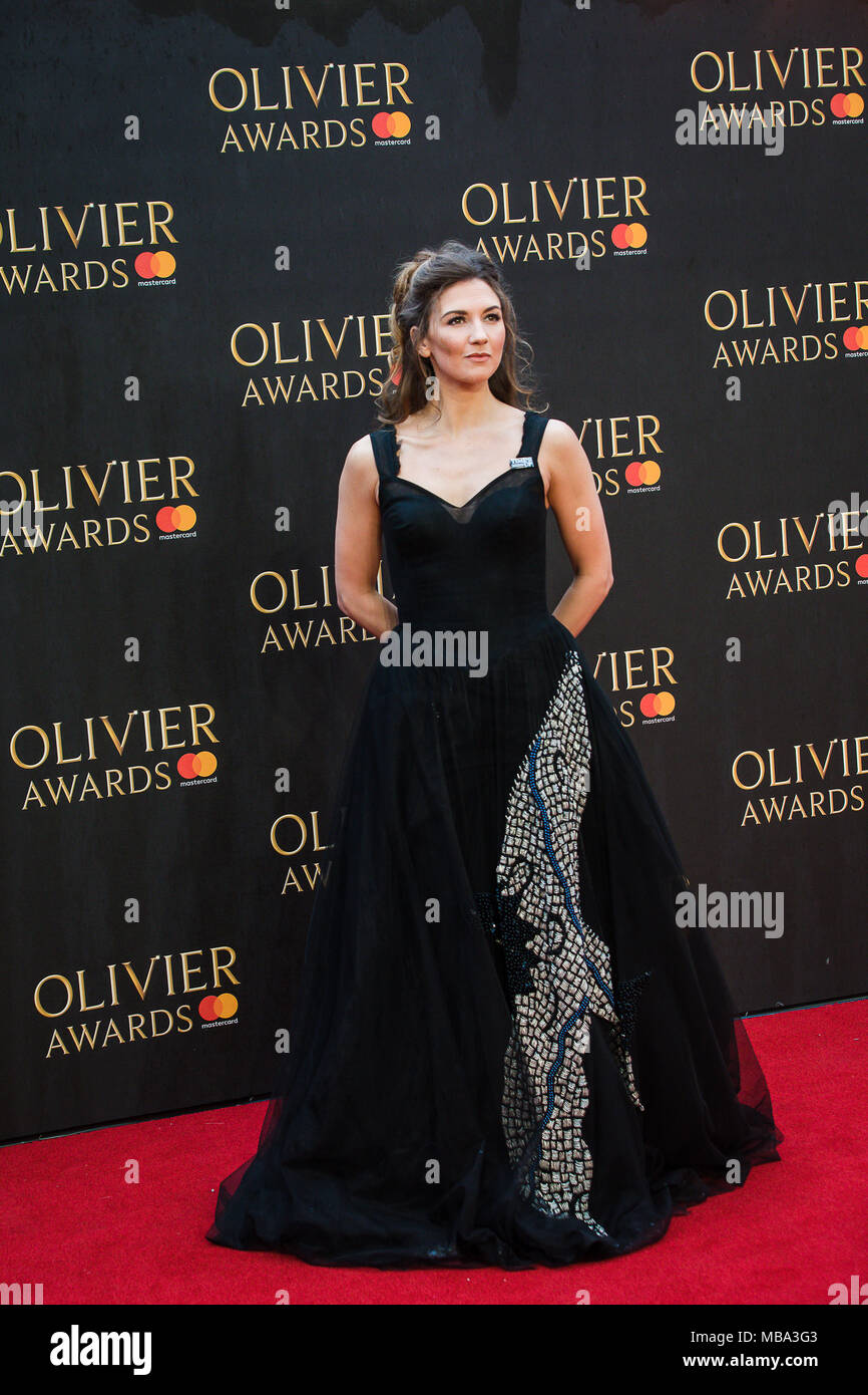London, UK. 8th April, 2018. Summer Strallen  actress and singer poses in the rain on the red carpet at the 2018 Olivier Awards held at the Royal Albert Hall. Credit: David Betteridge/Alamy Live News Stock Photo
