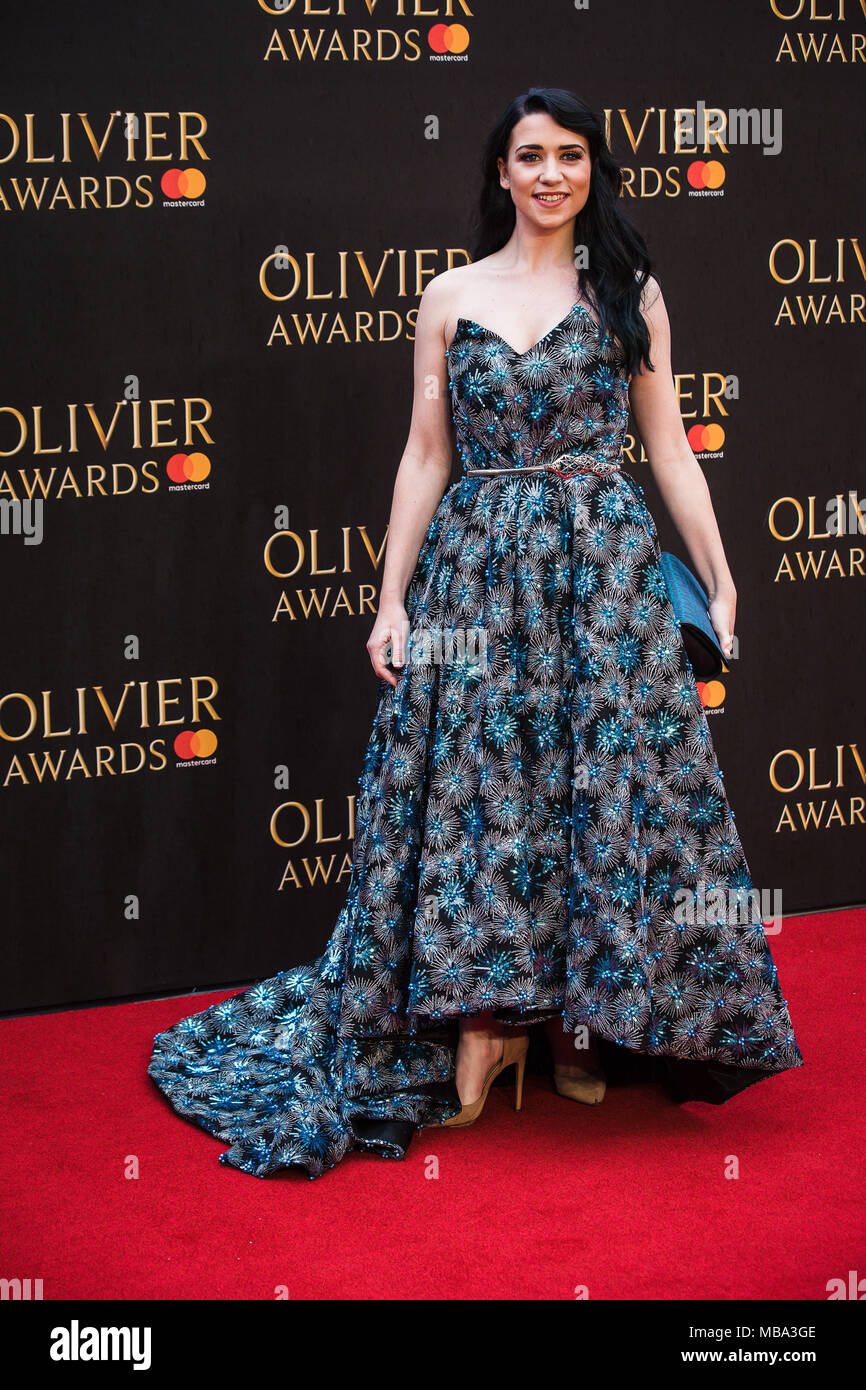 London, UK. 8th April, 2018. Danielle Hope actress and singer and winner of the BBC talent contest Over The Rainbow poses in the rain on the red carpet at the 2018 Olivier Awards held at the Royal Albert Hall. Credit: David Betteridge/Alamy Live News Stock Photo