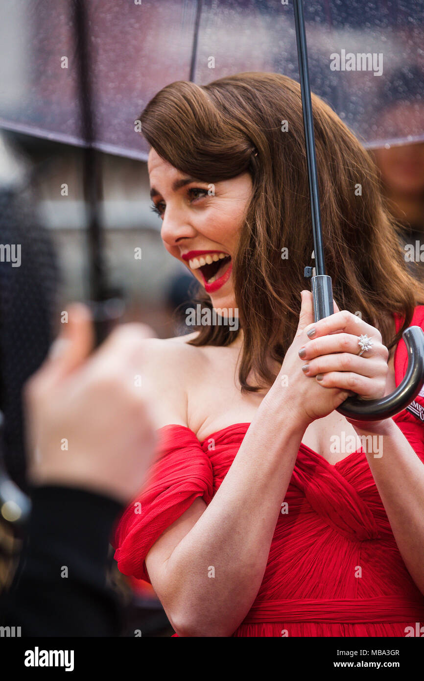 London, UK. 8th April, 2018. Ophelia Lovibond  actress poses in the rain on the red carpet at the 2018 Olivier Awards held at the Royal Albert Hall. Credit: David Betteridge/Alamy Live News Stock Photo