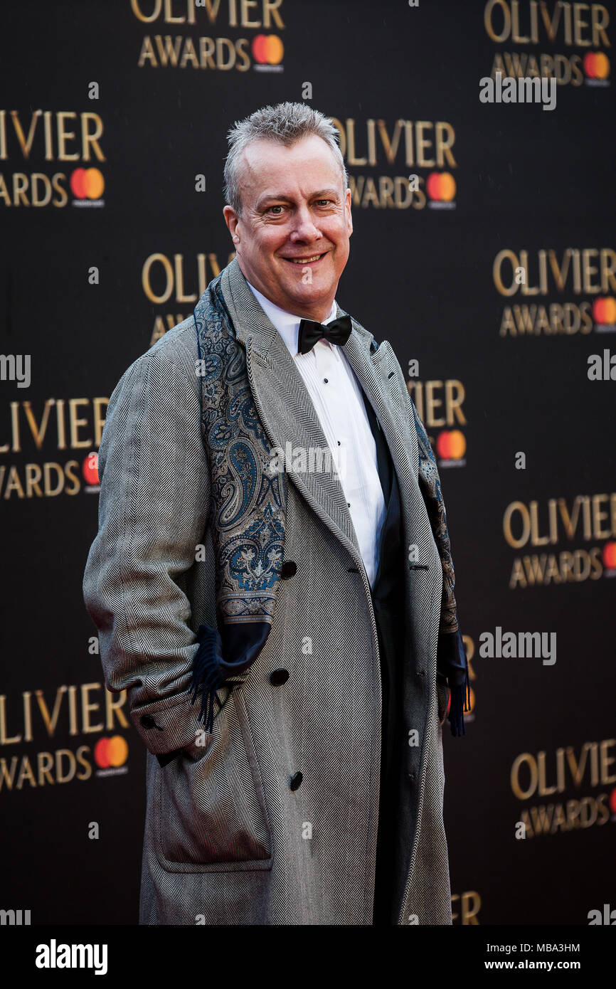 London, UK. 8th April, 2018. British Actor Stephen Thompkinson  poses in the rain on the red carpet at the 2018 Olivier Awards held at the Royal Albert Hall. Credit: David Betteridge/Alamy Live News Stock Photo