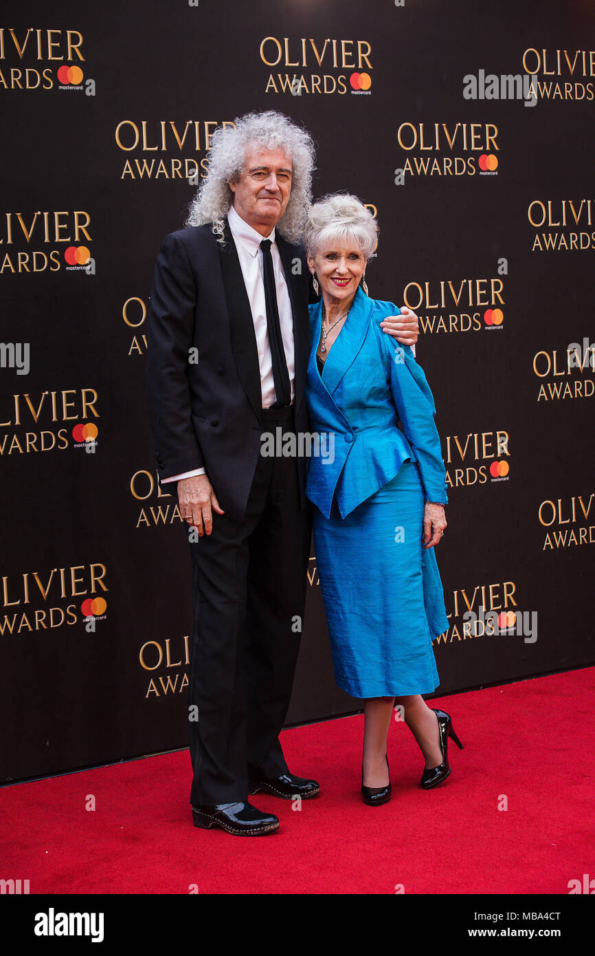 London, UK. 8th April, 2018. Queen guitarist Brian May with his wife Actress Anita Dobson on the red carpet at the 2018 Olivier Awards held at the Royal Albert Hall in London. Credit: David Betteridge/Alamy Live News Stock Photo