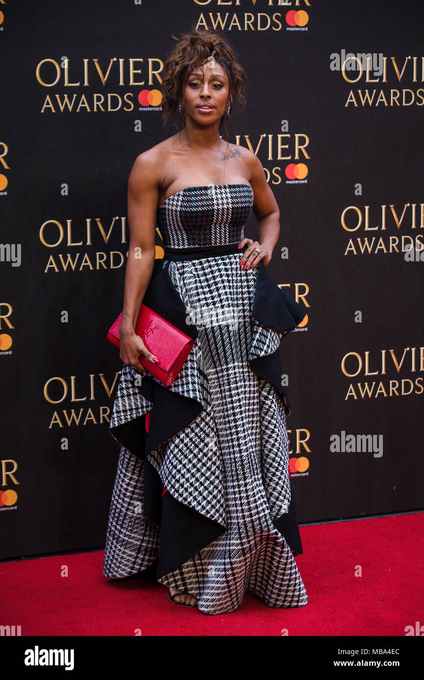 London, UK. 8th April, 2018. English Actress and Singer Alexandra Burke on the red carpet at the 2018 Olivier Awards held at the Royal Albert Hall in London. Credit: David Betteridge/Alamy Live News Stock Photo