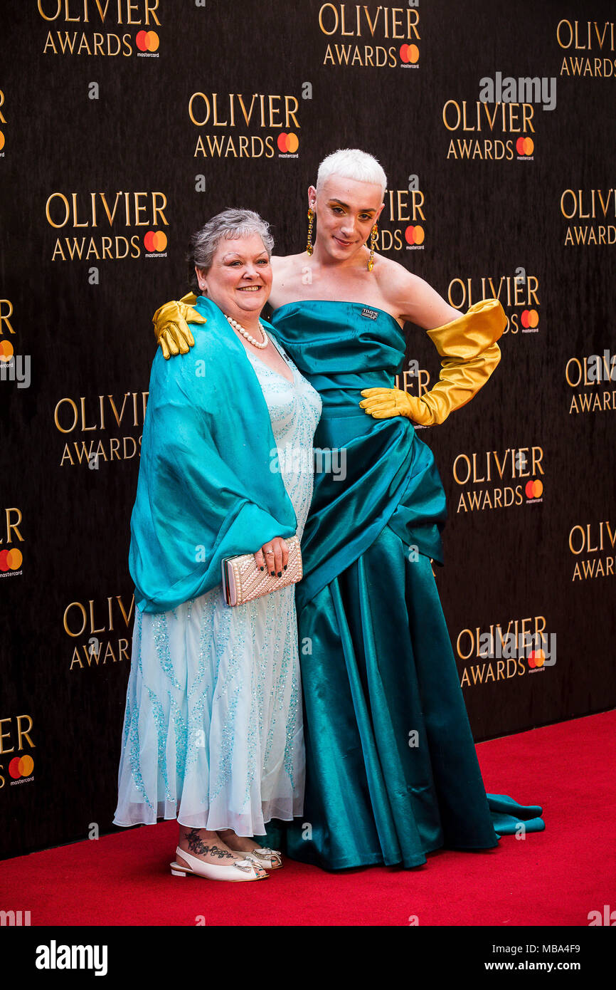 London, UK. 8th April, 2018. Jamie Campbell and his Mother Margaret Campbell. Jamie is the inspiration for Everybody's Talking About Jamie on the red carpet at the 2018 Olivier Awards held at the Royal Albert Hall in London. Credit: David Betteridge/Alamy Live News Stock Photo