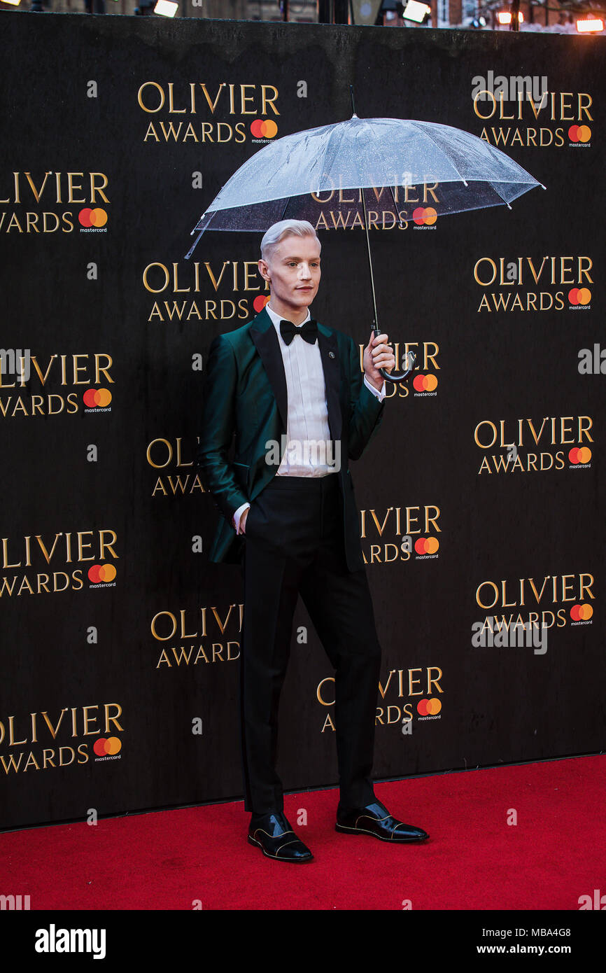 London, UK. 8th April, 2018. John McCrea who plays Jamie Campbell inEverybody's Talking About Jamie on the red carpet at the 2018 Olivier Awards held at the Royal Albert Hall in London. Credit: David Betteridge/Alamy Live News Stock Photo