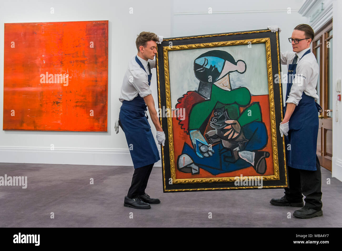 London, UK. 9th April, 2018. Abstraktes Bild, 1991, by Gerhard Richter and Femme au Chien, Pablo Picasso, est $12-18m  - Highlights of Sotheby's Contemporary, Impressionist & Modern Art on dispaly at New Bond Street, London. Credit: Guy Bell/Alamy Live News Stock Photo