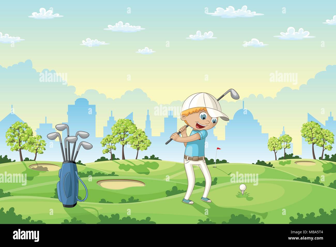 Boy plays golf on a golf course, vector illustration Stock Vector