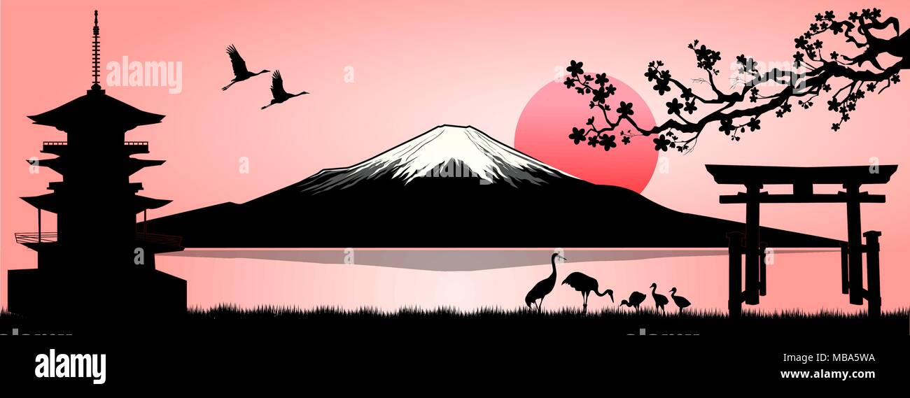 Silhouette Fuji mountain at sunset. Landscape, Mount Fuji. Mount Fuji on a pink background. Stock Vector
