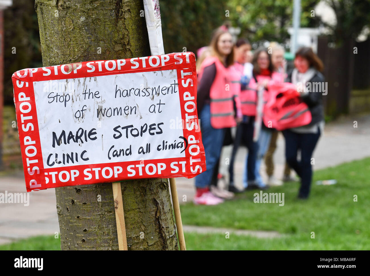 EMBARGOED TO 0001 TUESDAY APRIL 10 Pro-choice demonstrators gather outside the Marie Stopes clinic on Mattock Lane, ahead of a vote by Ealing Council on whether to implement a safe zone outside the west London abortion clinic to protect women from being intimidated. Stock Photo