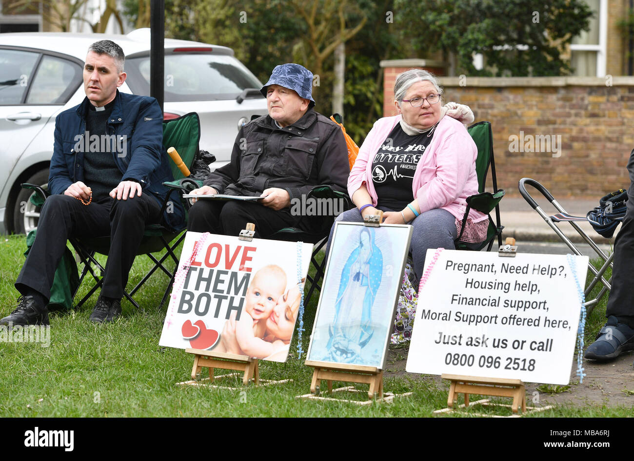 EMBARGOED TO 0001 TUESDAY APRIL 10 Pro-life demonstrators outside the Marie Stopes clinic on Mattock Lane, ahead of a vote by Ealing Council on whether to implement a safe zone outside the west London abortion clinic to protect women from being intimidated. Stock Photo