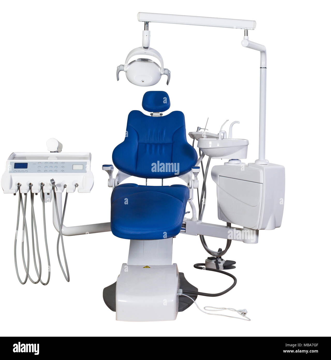 Modern medical special equipment blue dentist chair isolated on white