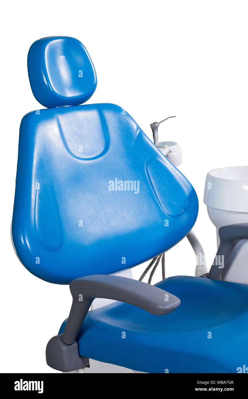 Modern medical special equipment blue dentist chair isolated on white