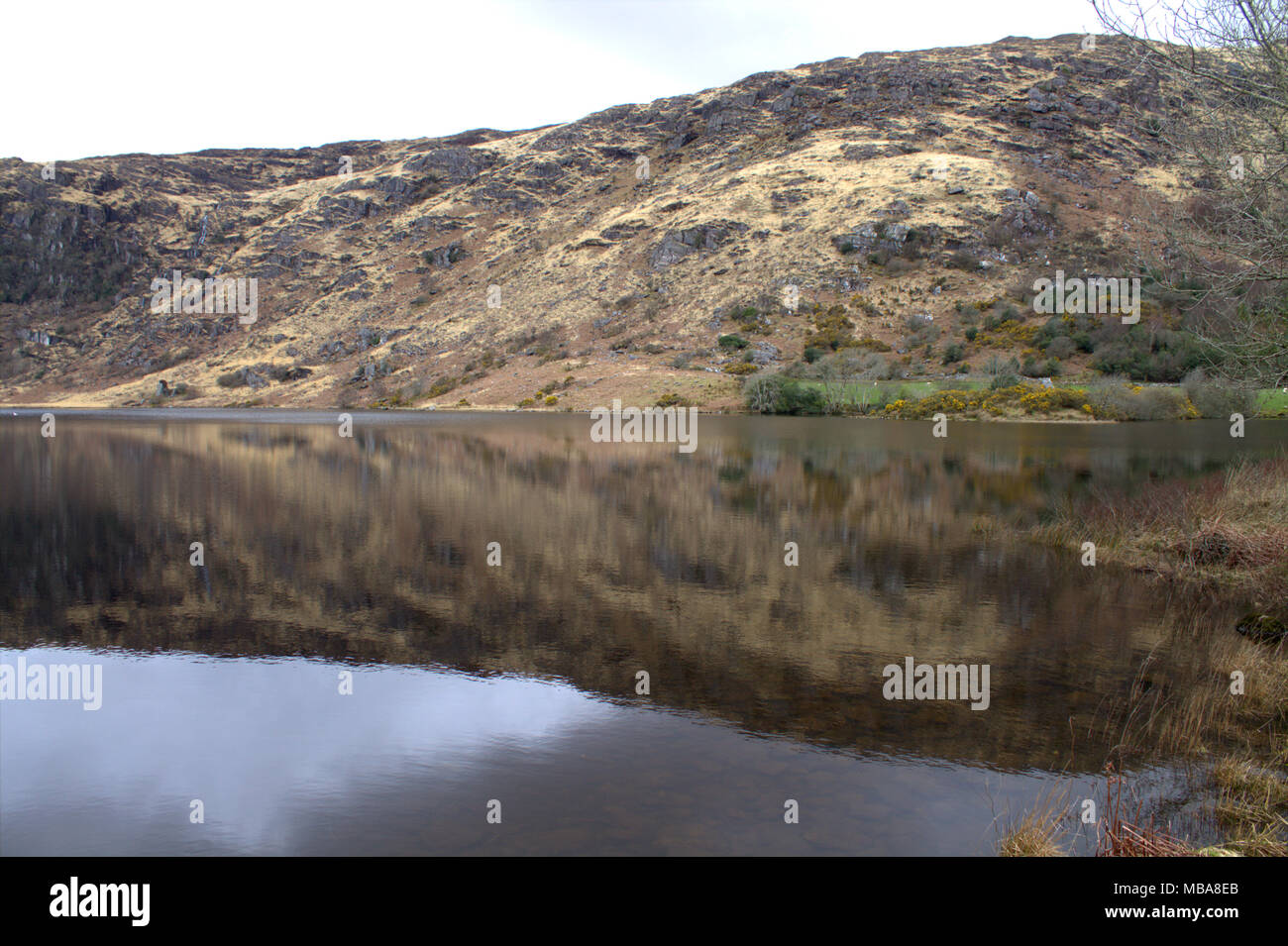 The hills around the lake at gougane barra, ireland reflected in the still dark waters of the lake. A popular tourist and holiday makers destination. Stock Photo