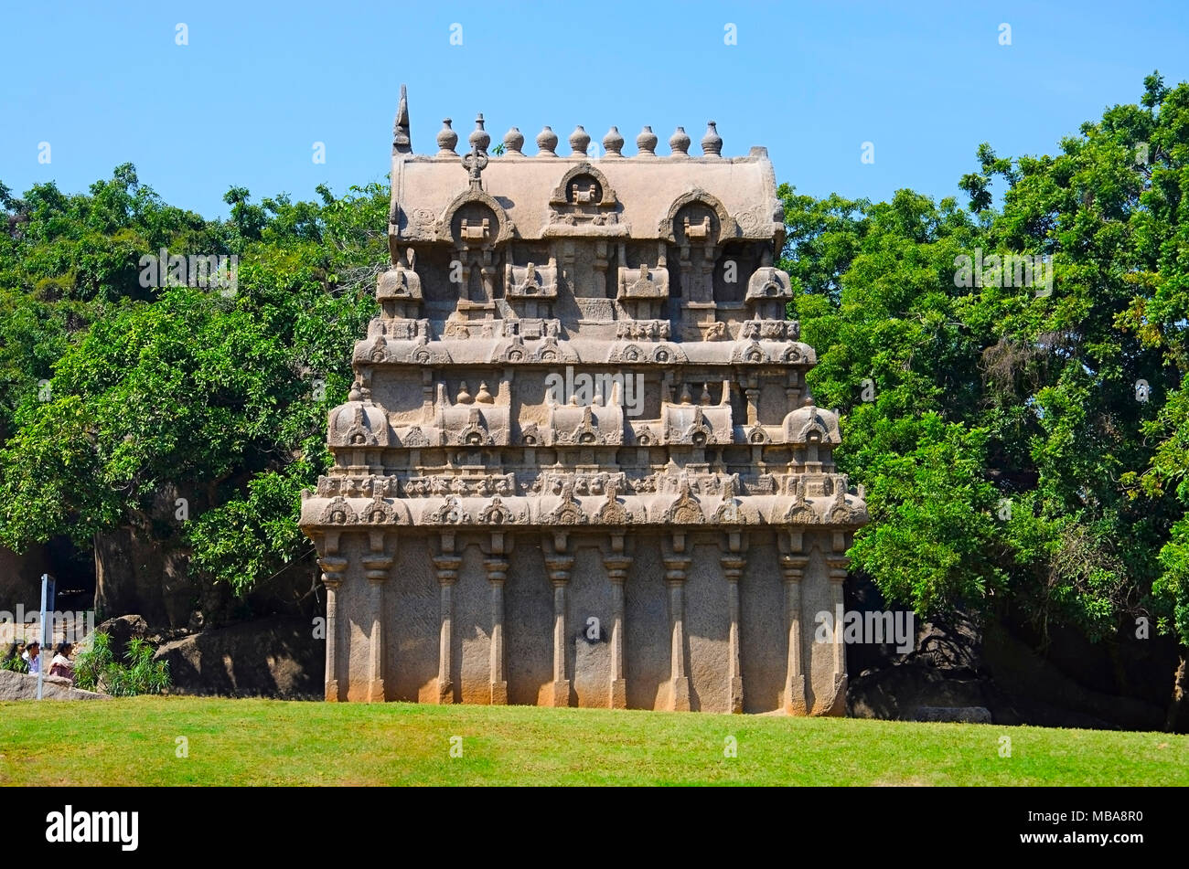 Carved temple near Krishna's Butter Ball, Mahabalipuram, Tamil Nadu, India Stock Photo
