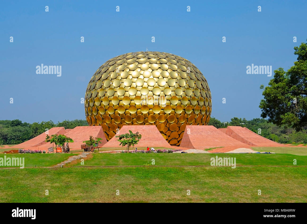 The Matrimandir, situated in the middle of the town, Auroville, Pondicherry, Tamil Nadu, India. Conceived by Alfassa as a symbol of the Divine's answe Stock Photo