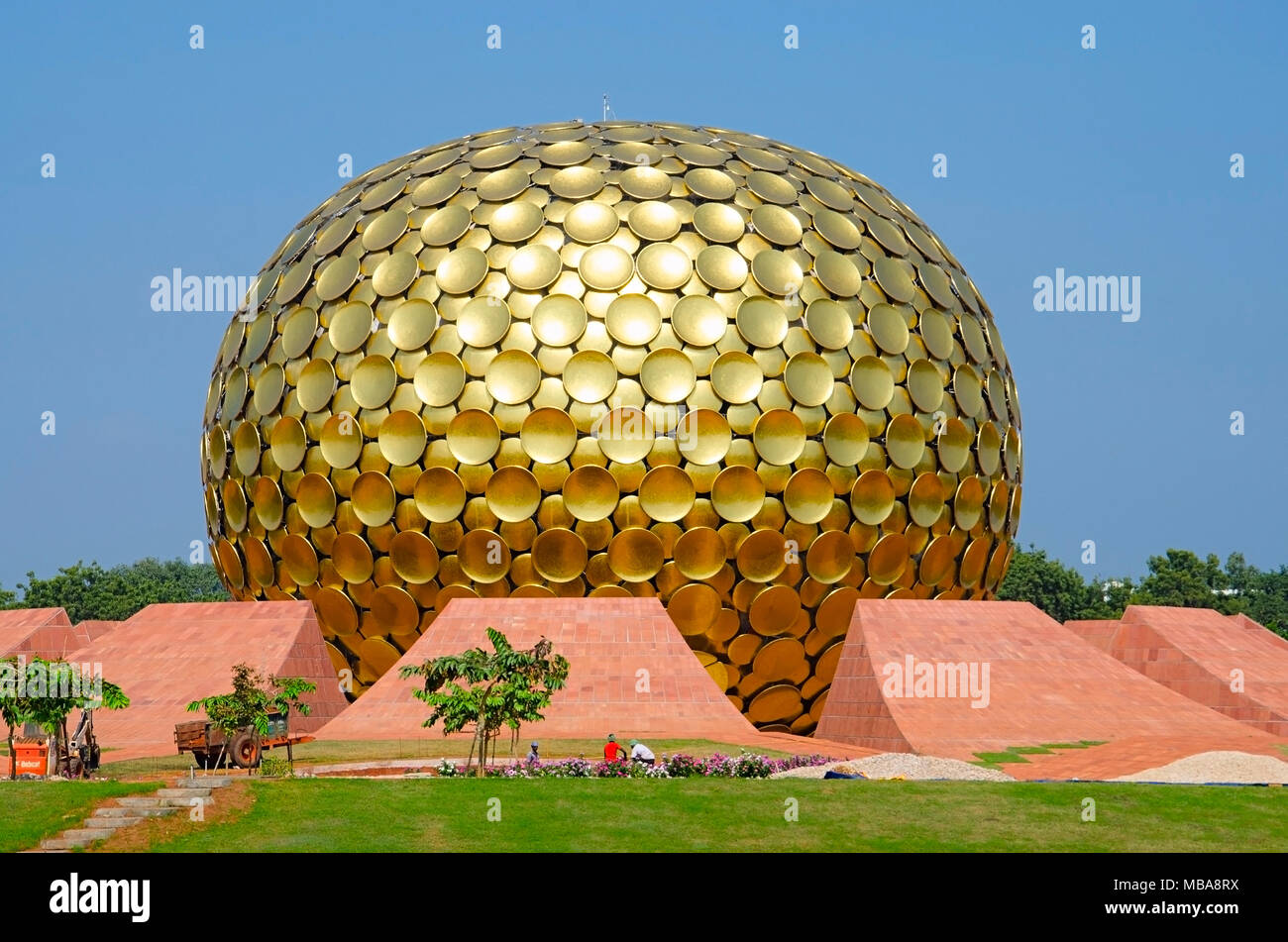 The Matrimandir, situated in the middle of the town, Auroville, Pondicherry, Tamil Nadu, India. Conceived by Alfassa as a symbol of the Divine's answe Stock Photo