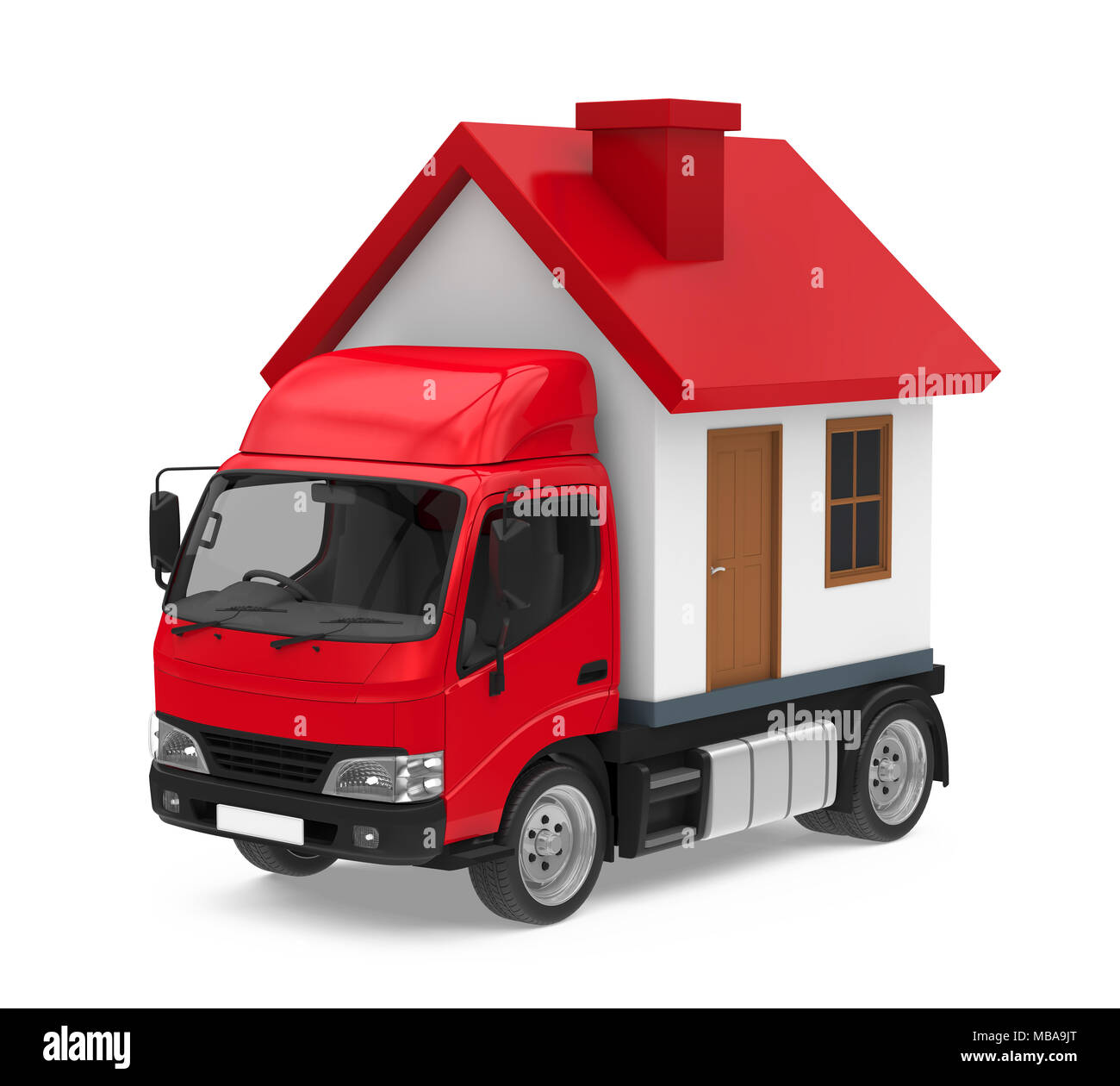 Truck with House Isolated (Moving House Concept) Stock Photo