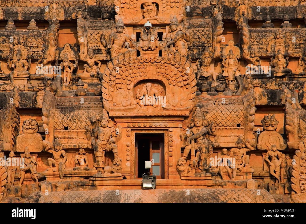 Carved stone Gopuram of the Brihadisvara Temple, Thanjavur, Tamil Nadu, India. Hindu temple dedicated to Lord Shiva Stock Photo