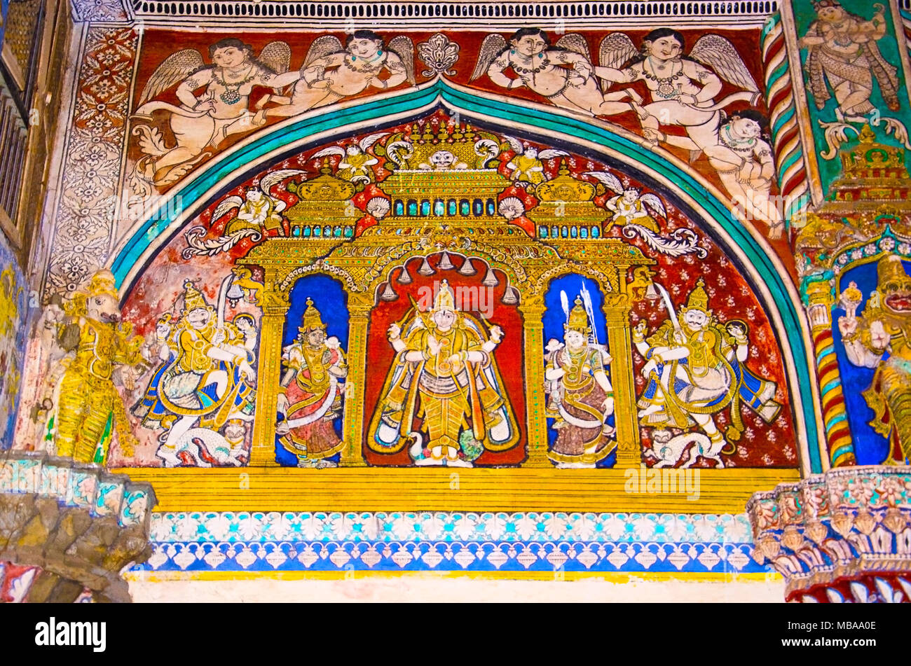 Colorful paintings on ceiling wall of Darbar Hall of the Thanjavur Maratha palace, Thanjavur, Tamil Nadu, India. Known locally as  residence of the Bh Stock Photo