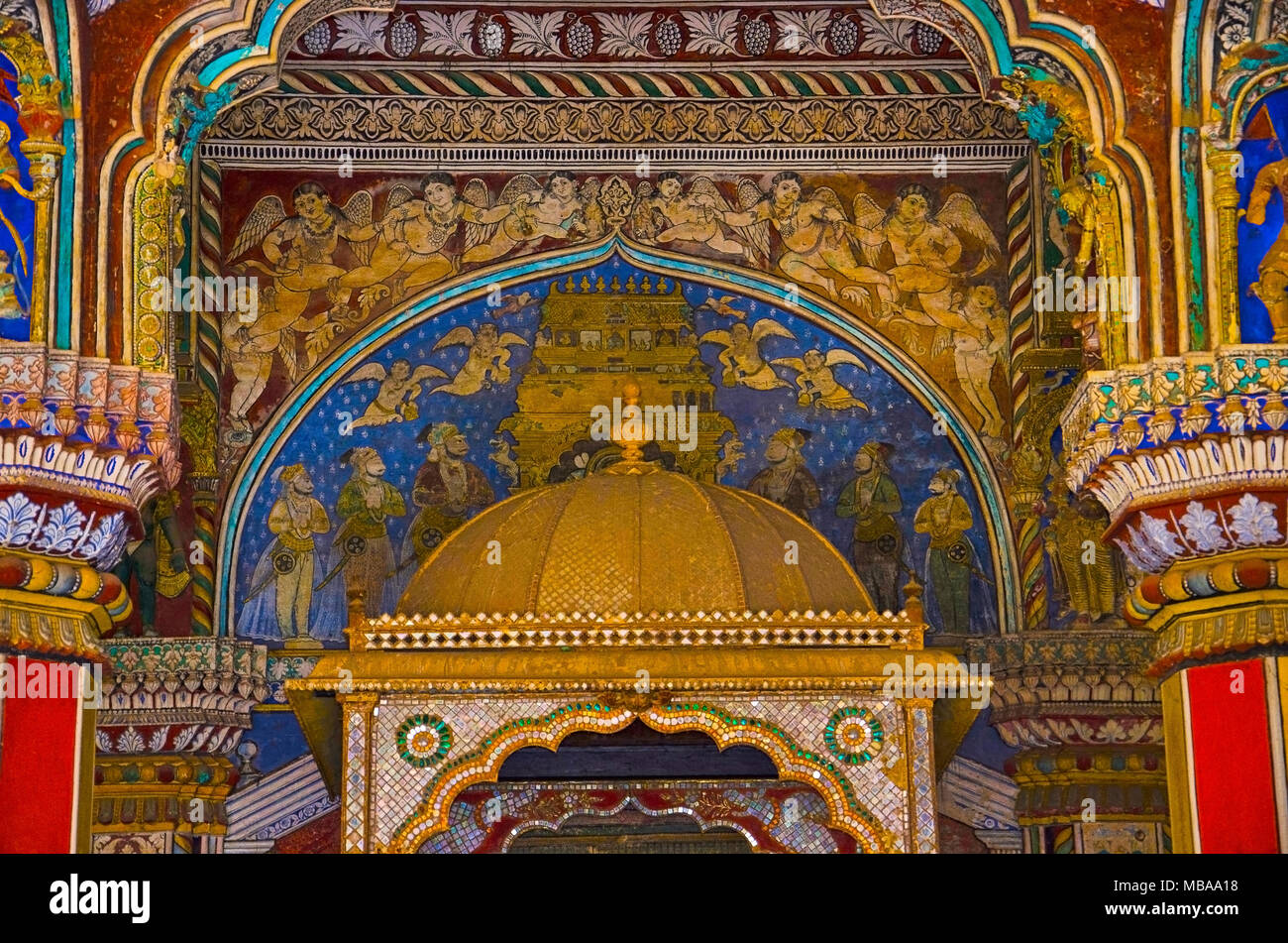 Colorful paintings on ceiling wall of Darbar Hall of the Thanjavur Maratha palace, Thanjavur, Tamil Nadu, India. Known locally as  residence of the Bh Stock Photo