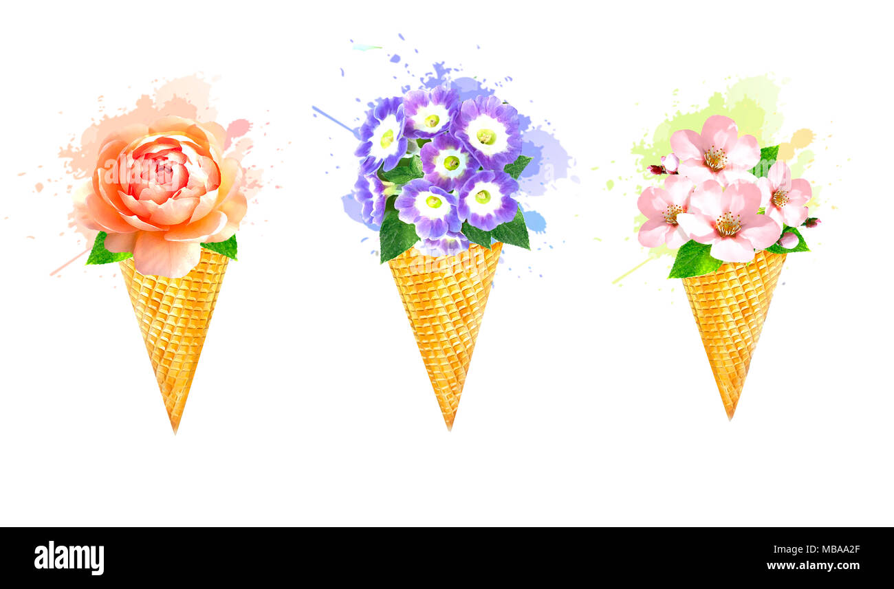 Wafer cones ice cream with bouquet of flowers. Summer time concept. Design for flyer, poster, banner, card. Stock Photo