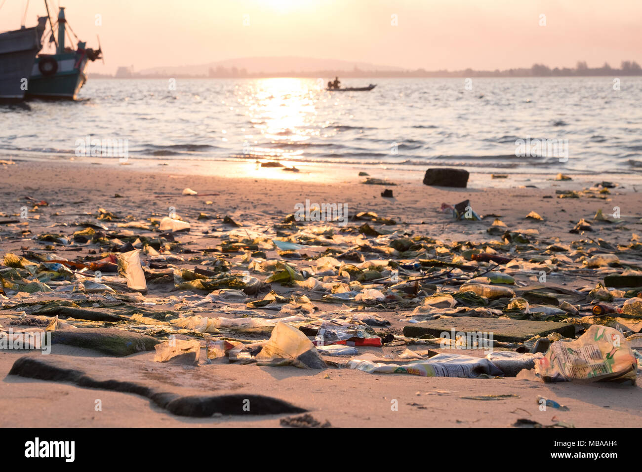Spontaneous garbage dump on a beach in Indochina Stock Photo