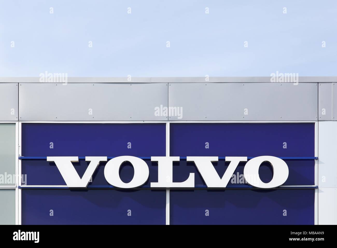 Risskov, Denmark - April 8, 2018: Volvo logo on a wall. Volvo is a Swedish premium automobile manufacturer established in 1927 in Gothenburg, Sweden Stock Photo