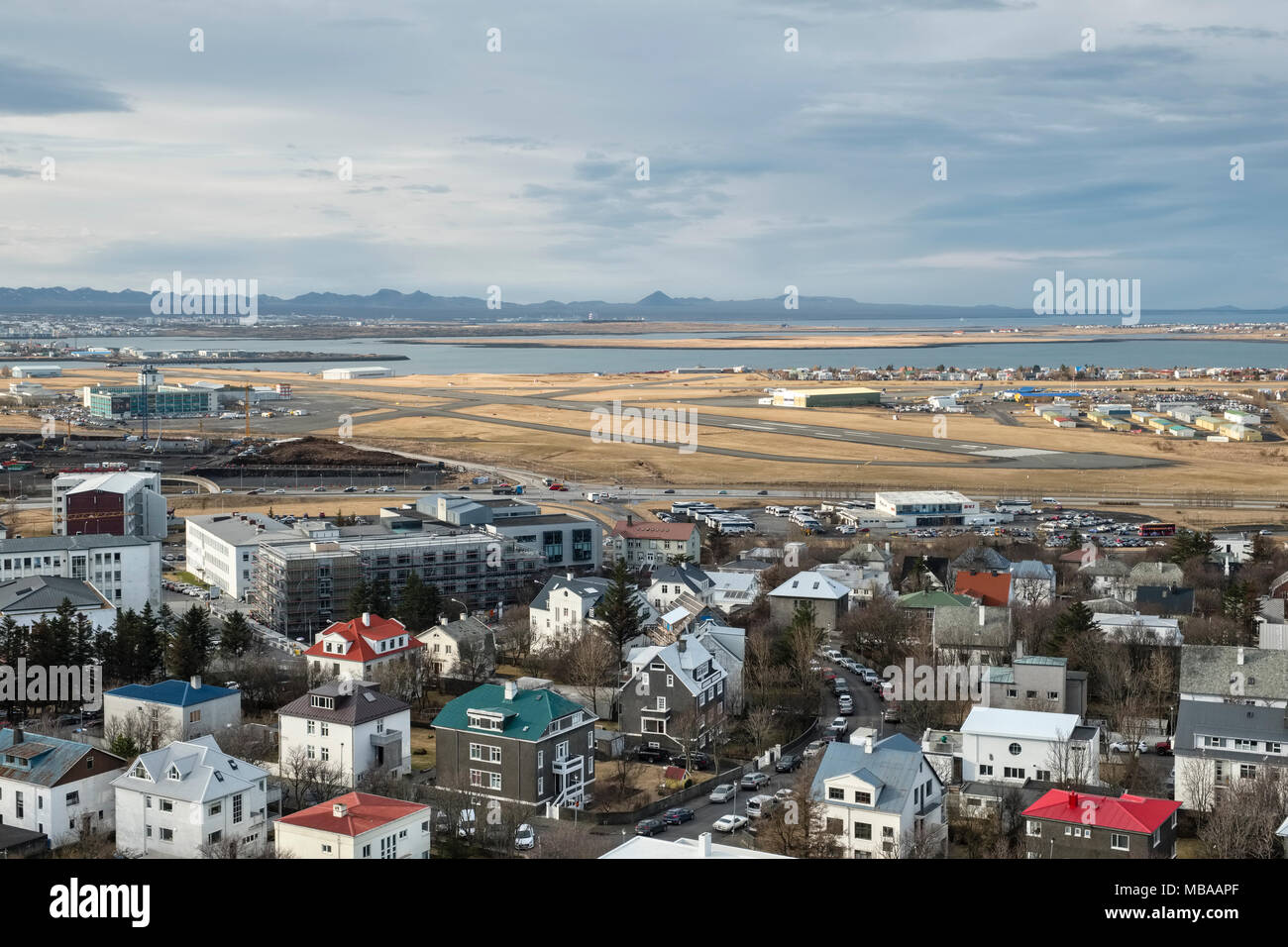 Reykjavik, Iceland. The view from the tower of Hallgrimskirkja church over Reykjavik Airport (RKV), the domestic airport for the city Stock Photo