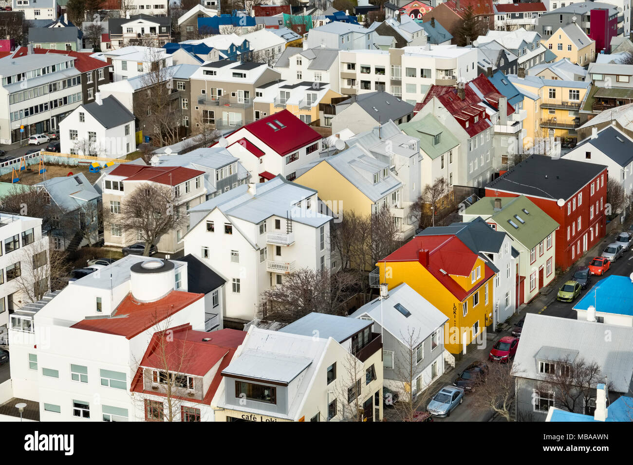 Reykjavik, Iceland. The view from the tower of Hallgrimskirkja church over the brightly painted houses in the centre of the city Stock Photo