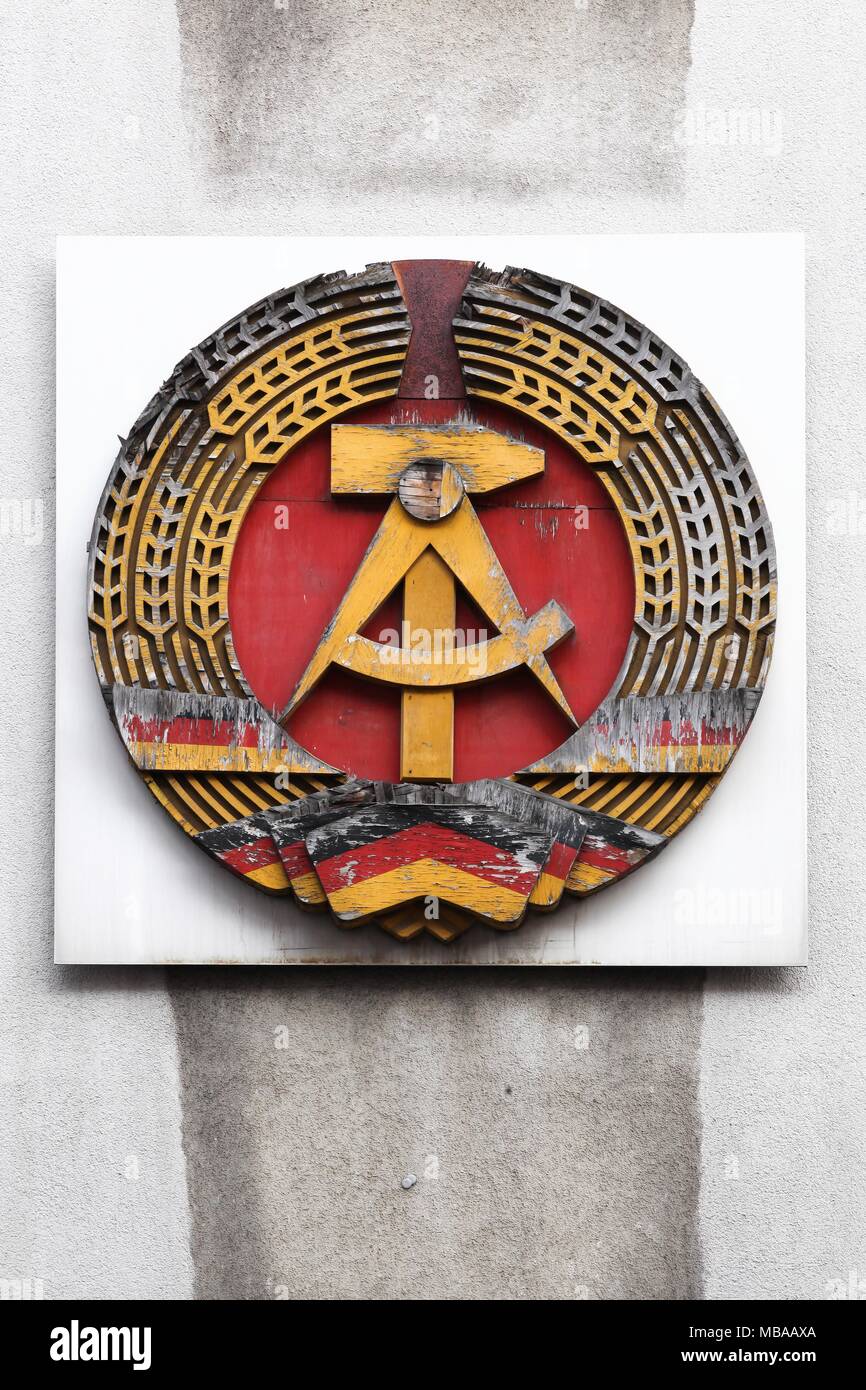 German Democratic Republic, GDR sign on a wall near Checkpoint Charlie in Berlin, Germany Stock Photo