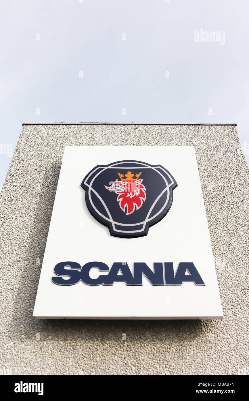 Vejle, Denmark - March 25, 2017: Scania sign on a wall. Scania, is a major swedish automotive industry manufacturer of heavy trucks and buses Stock Photo