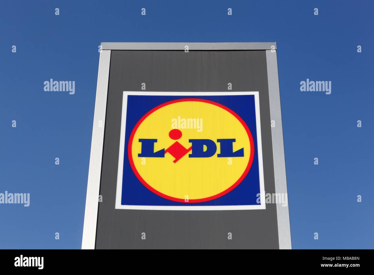 Belleville, France - March 20, 2018: Lidl logo on a panel. Lidl is a german global discount supermarket chain Stock Photo